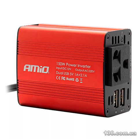 Amio PI01 (02468) — автомобильный преобразователь напряжения (инвертор) 12 В / 230 В, 150 Вт / 300 Вт, с модифицированной синусоидой