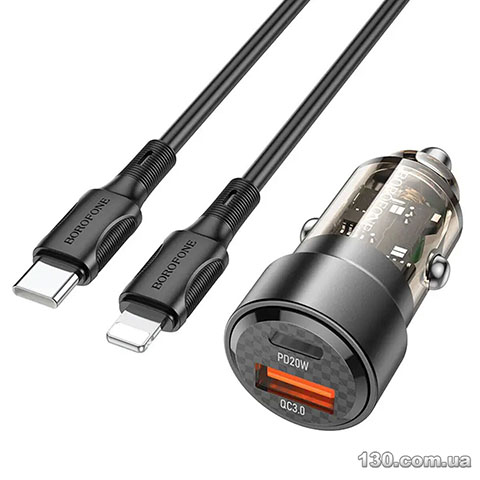 Автомобильное зарядное устройство Borofone BZ20 Smart 38W dual port PD20W+QC3.0 car charger set (C to iP) Transparent Black BZ20CLTB