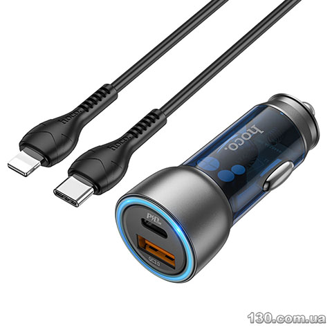 Автомобильное зарядное устройство HOCO NZ8 Sprinter 43W dual port PD25W+QC3.0 car charger set (C to iP) Blue