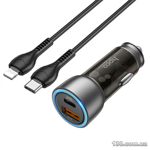 Автомобильное зарядное устройство HOCO NZ8 Sprinter 43W dual port PD25W+QC3.0 car charger set (C to iP) Brown