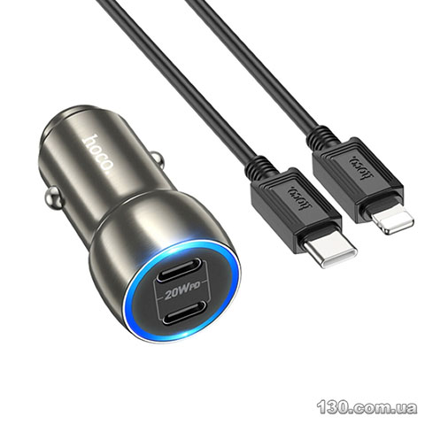 Автомобильное зарядное устройство HOCO Z48 Tough 40W dual port (2C) car charger set (C to iP) Metal Gray