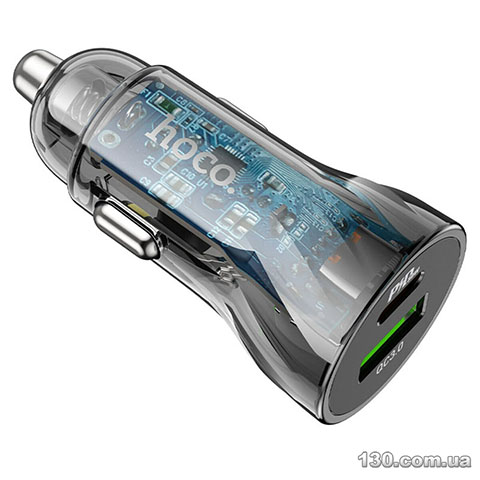 Автомобильное зарядное устройство HOCO Z47A Transparent Discovery Edition dual port PD30W+QC3.0 car charger set (C to iP) Transparent Black