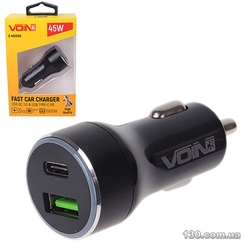 Автомобильное зарядное устройство VOIN C-45205Q 45W, 1USB QC3.0 18W + 1PD 27W, 12/24V