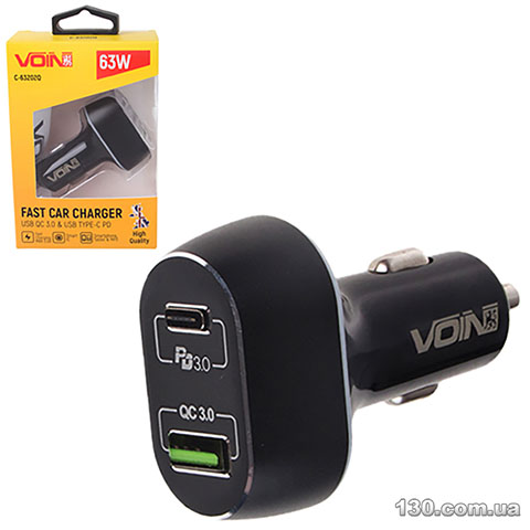 Автомобильное зарядное устройство VOIN C-63202Q 63W, 1USB QC3.0 18W + 1PD 45W, 12/24V